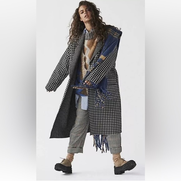 Free People Chelsea Houndstooth Wool Maxi Coat Double Breasted Black White - Picture 2 of 6